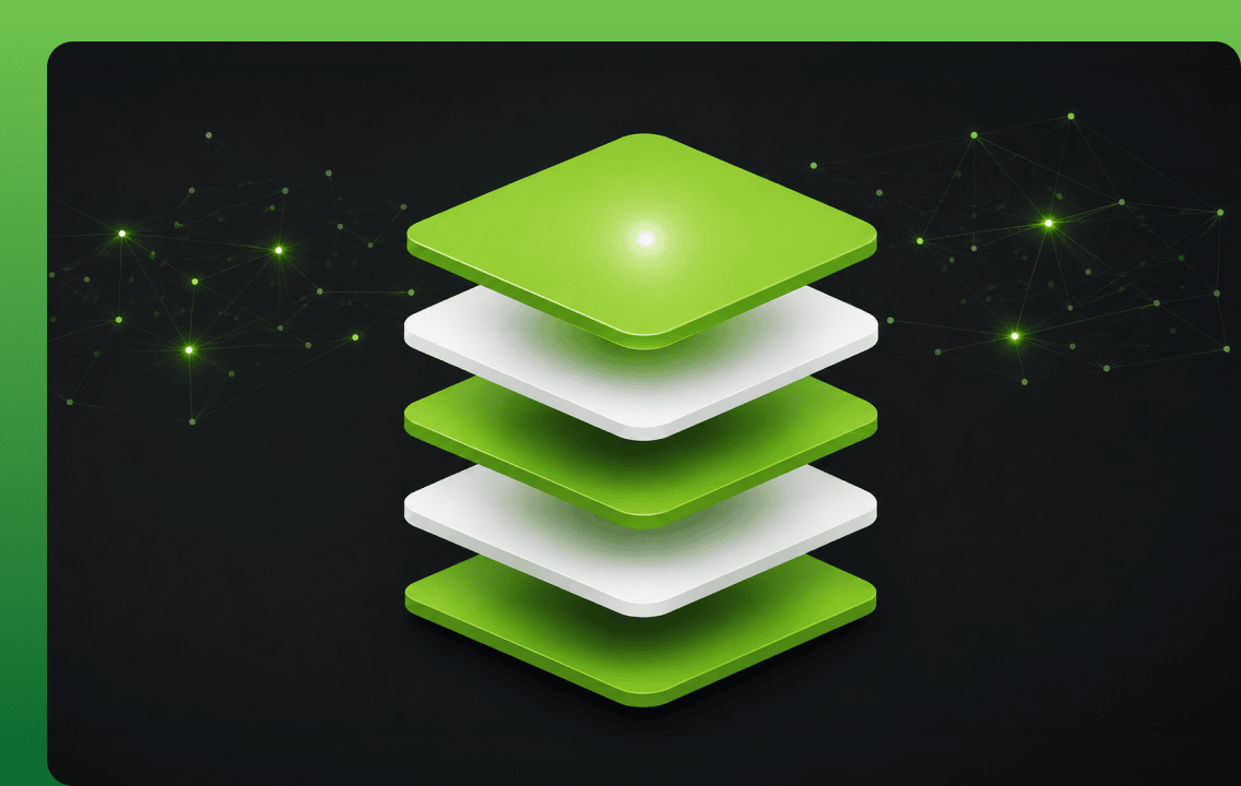 A stack of five alternating green and white isometric layers floating above a dark panel, flanked by glowing green network constellations, representing the distribution layer that sits between an AI product and the many environments it runs in.